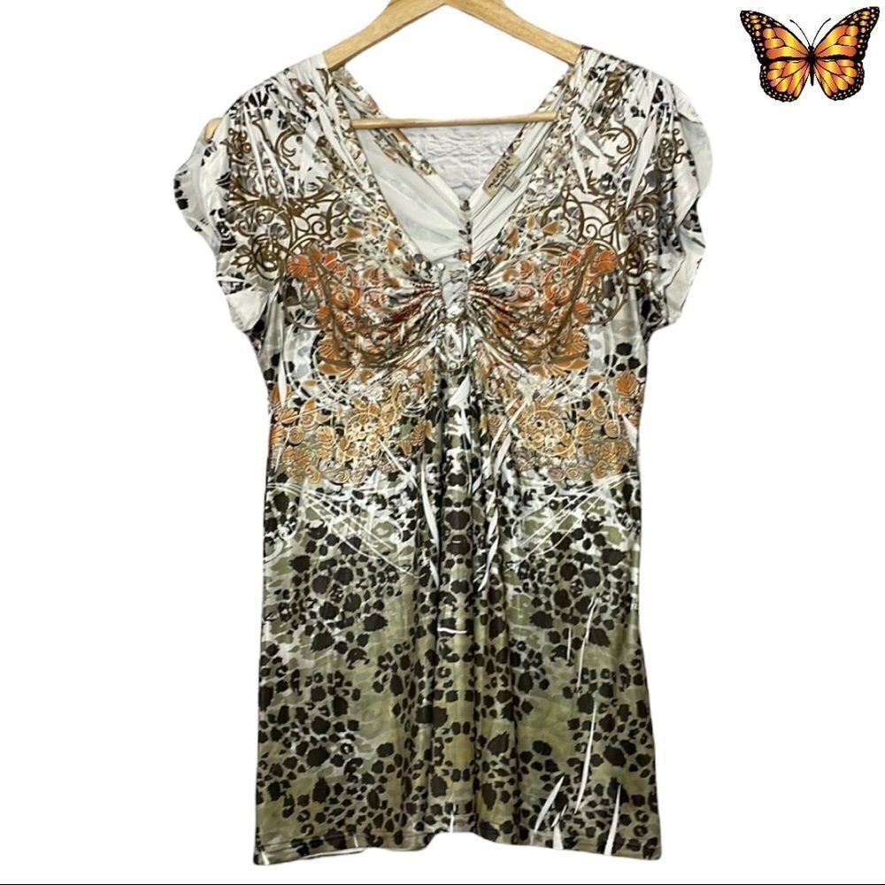 One World Double V Petal Sleeve Abstract Top Size Medium